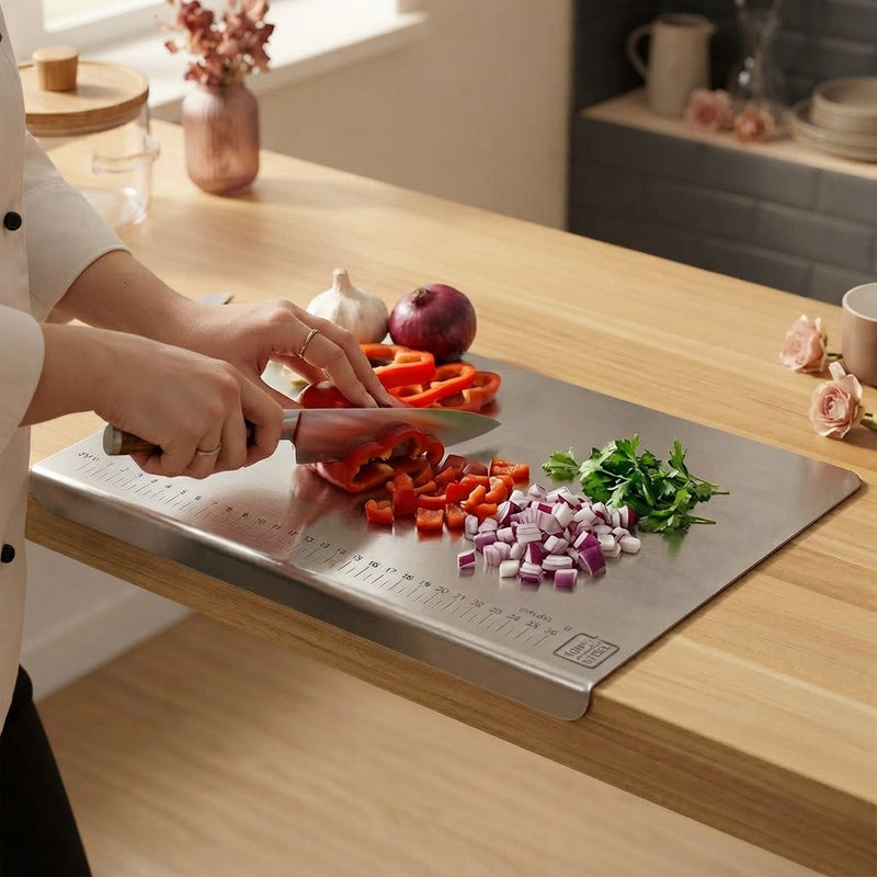 A professional chef slicing vegetables on a stainless steel cutting board in a well-lit home kitchen.