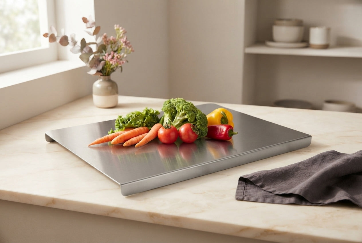 A stainless steel cutting board sits on a marble kitchen counter with charcoal linen napkins and soft floral accents in a mod