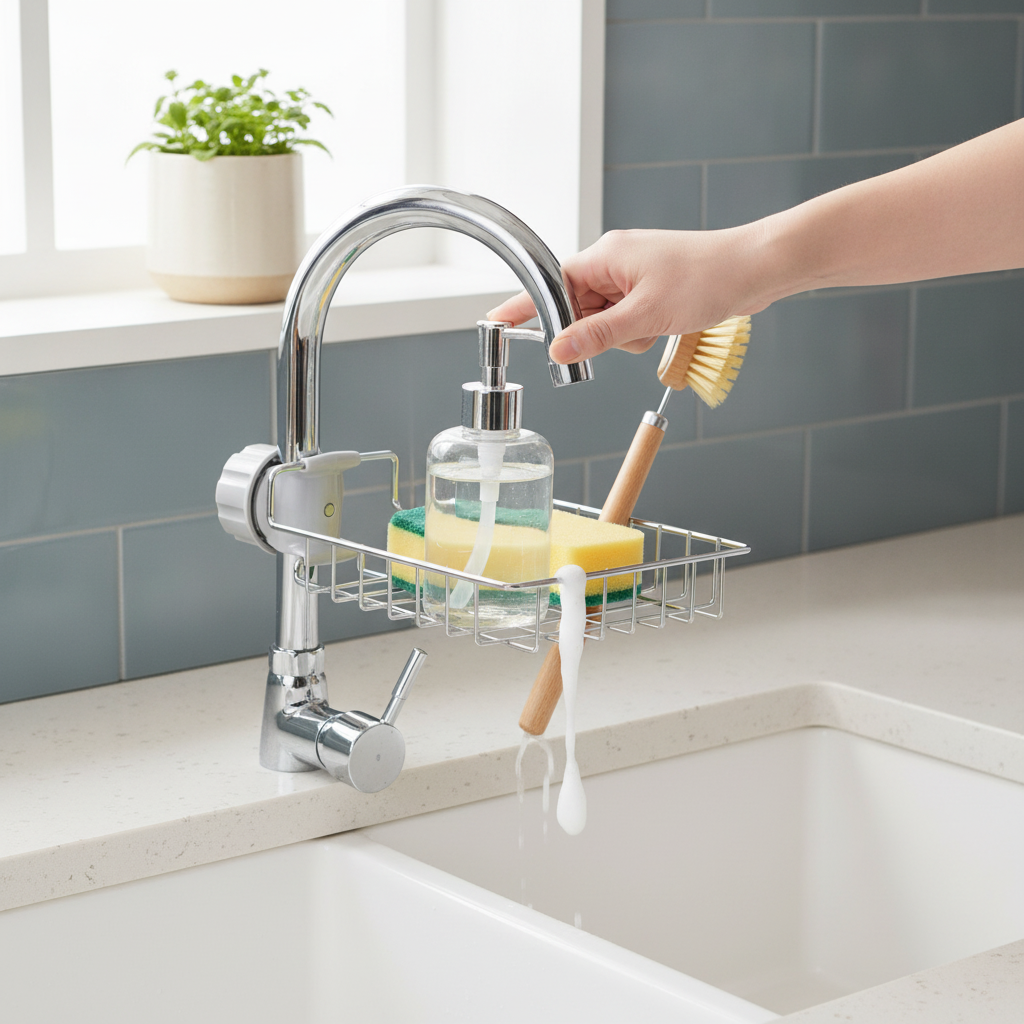 A Sink Caddy Organiser in a kitchen, holding a soap dispenser, sponge, and brush. A hand presses the soap dispenser, showing 