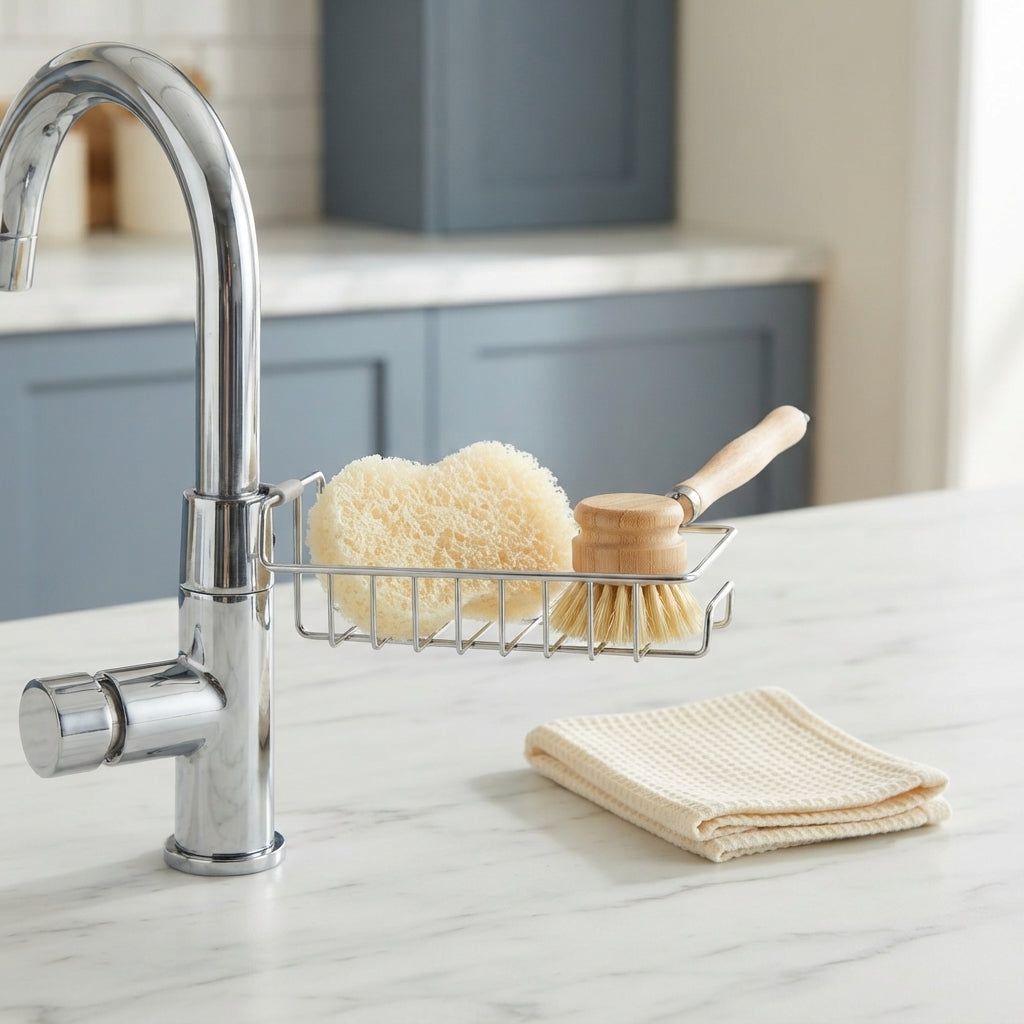A modern sink caddy organizer holding a dry sponge and brush on a kitchen countertop next to a faucet.