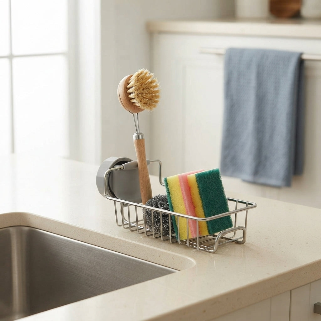 A sturdy kitchen sink caddy holding a heavy scrub brush on a cream countertop next to a slate blue dish towel.