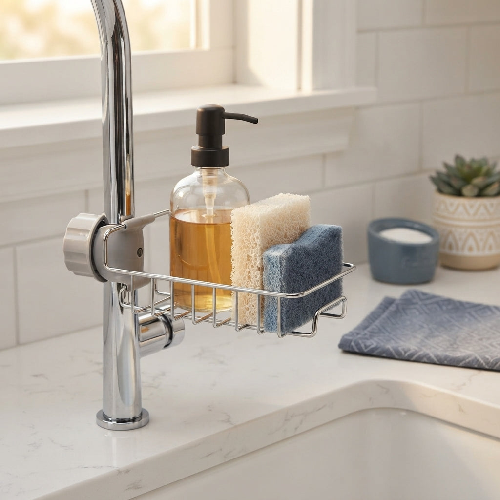 A sink caddy organizer holding a soap dispenser and two sponges on a kitchen counter next to a faucet.