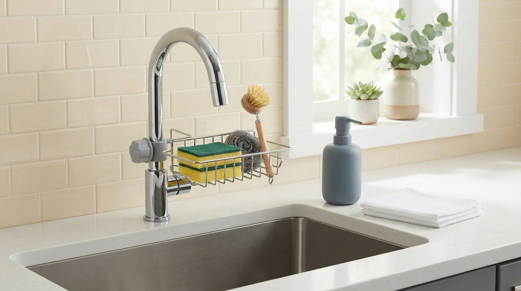 A clean kitchen sink countertop featuring a sink caddy organizer holding sponges and brushes, set against a bright, modern ki