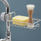 Stylized icon or badge for a sink caddy organizer, featuring a clean graphic in white and cream on a slate blue background, r