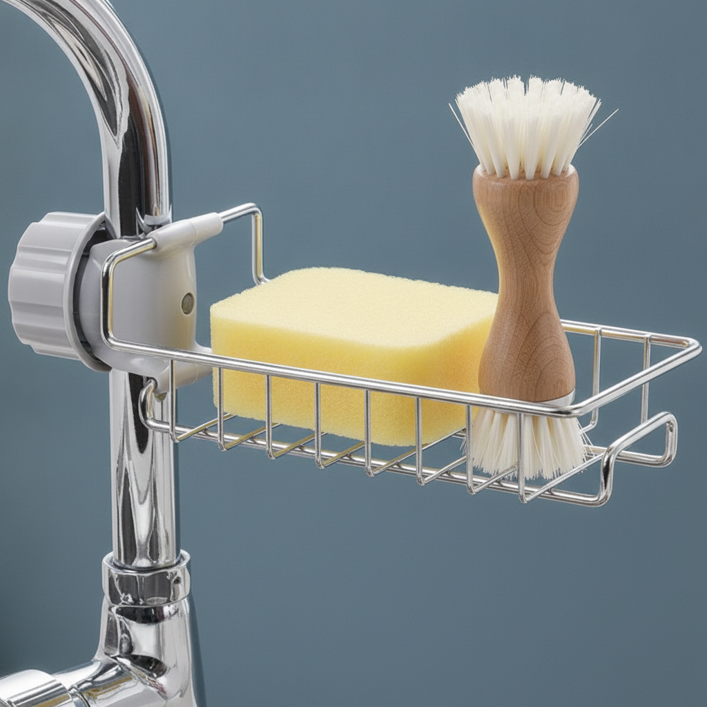 Stylized icon or badge for a sink caddy organizer, featuring a clean graphic in white and cream on a slate blue background, r
