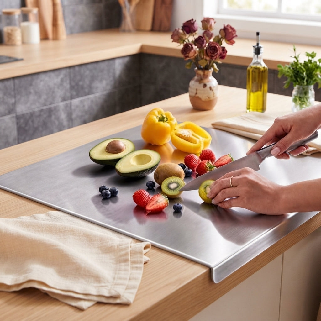 A woman slicing vegetables on a clean stainless steel cutting board in a modern kitchen with charcoal and cream accents.