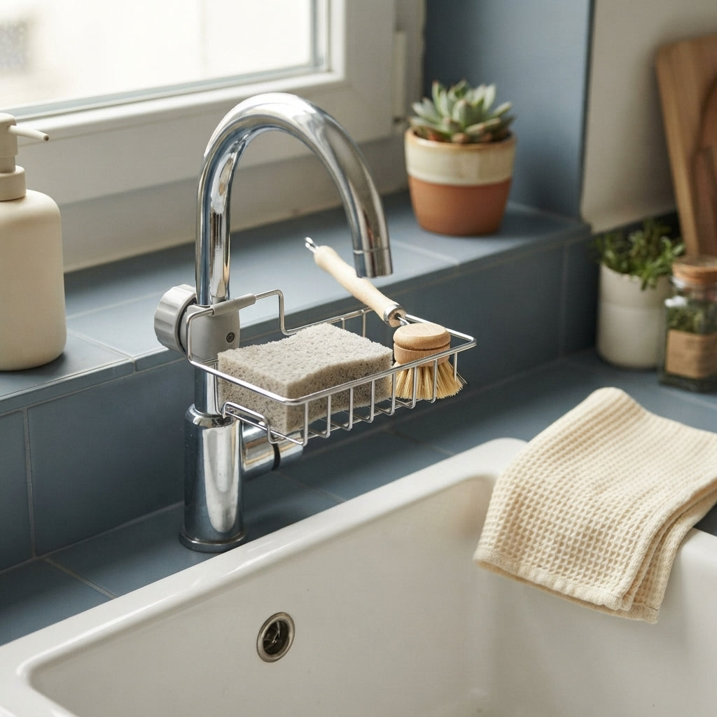 A sink caddy organizer holding sponges and a brush on a narrow kitchen sink ledge in a small apartment.